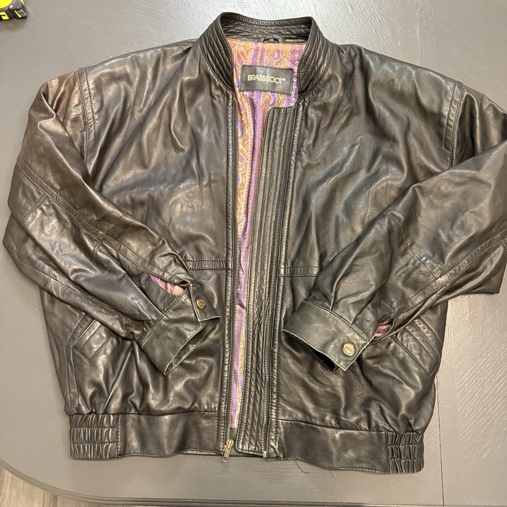 Men's BrassBoot Motorcycle Bomber Black Zipper Leather Size 52 Buttery Soft